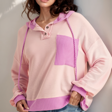 Corded Color Block Drawstring Hoodie