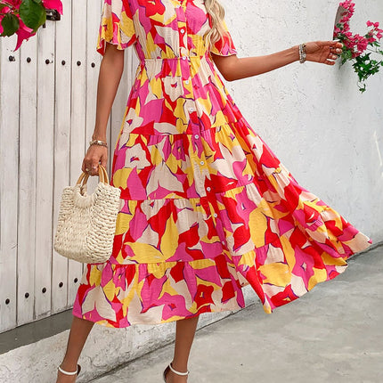 Printed V-Neck Flutter Sleeve Midi Dress