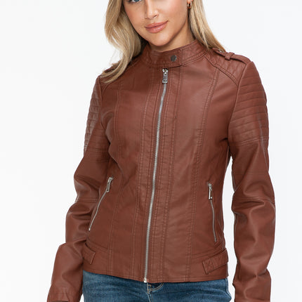 Snobbish PU Leather Biker Jacket with Side Zip Pockets