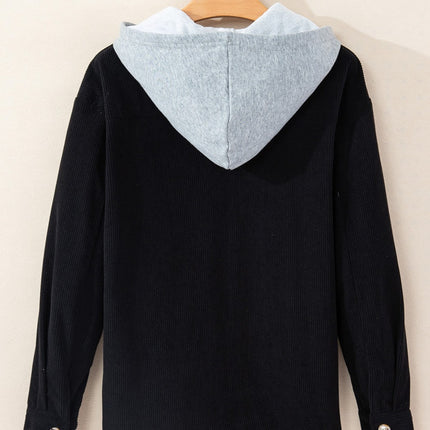Drawstring Button Up Long Sleeve Hooded Jacket - Vickie Lynn's