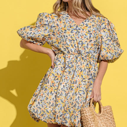 And The Why Full Size Floral Surplice Puff Sleeve Dress