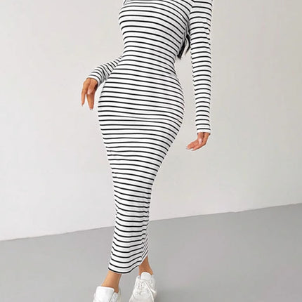 Striped Scoop Neck Long Sleeve Midi Tee Dress