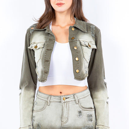 American Bazi Distressed Ombre Washed Cropped Denim Jacket