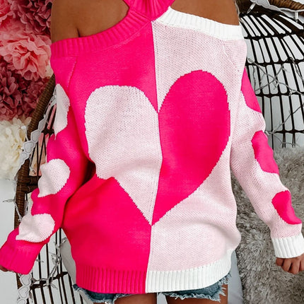 Valentine's Day Heart Turtleneck Cold Shoulder Sweater