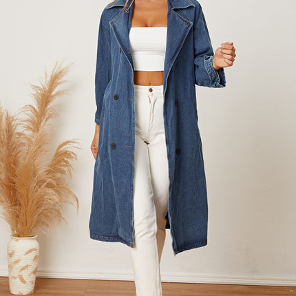 Double-Breasted Belted Longline Denim Jacket