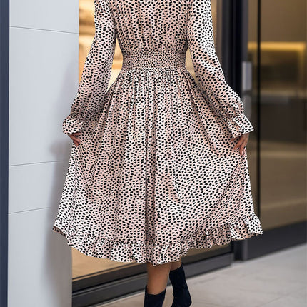 Ruched Ruffled Leopard Long Sleeve Dress