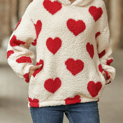 Fuzzy Heart Pocketed Dropped Shoulder Hoodie