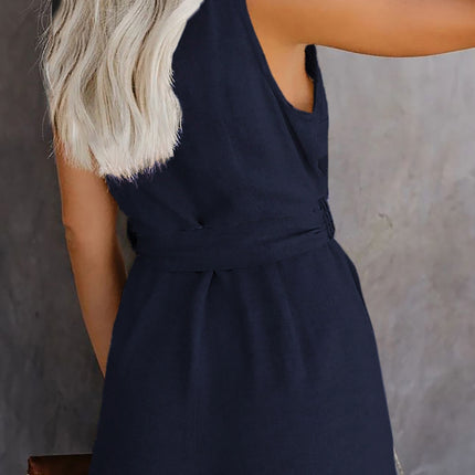 Full Size Tied V-Neck Sleeveless Romper with Pockets