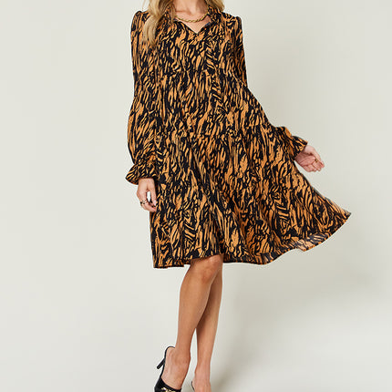 Double Take Full Size Printed Ruffle Hem Long Sleeve Dress