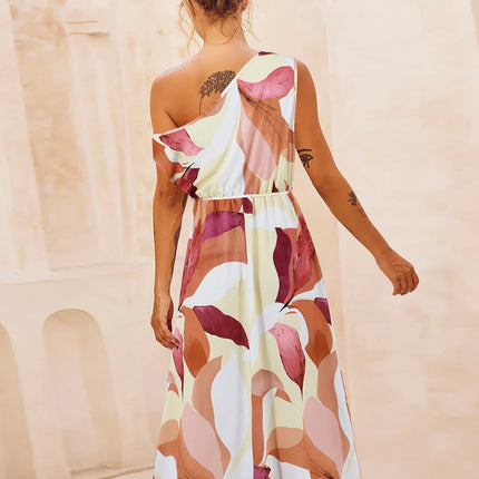 Printed One Shoulder Short Sleeve Dress