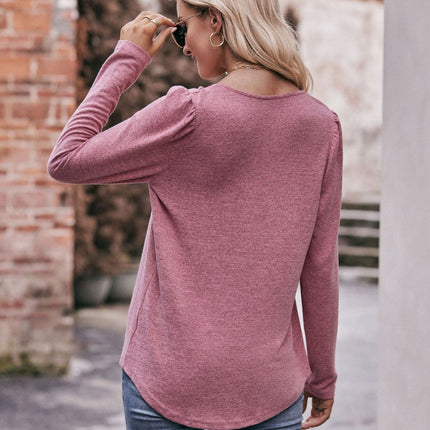 Double Take Pleated Detail Curved Hem Long Sleeve Top