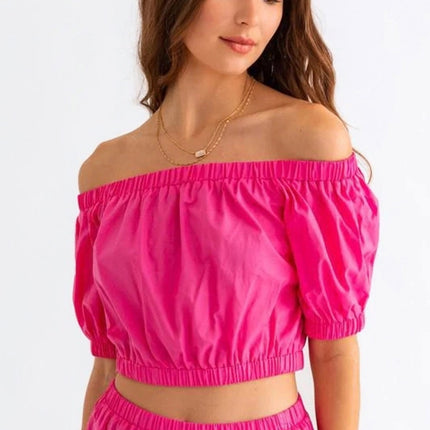 Tasha Apparel Off Shoulder Crop Top and Ruffled Shorts Set