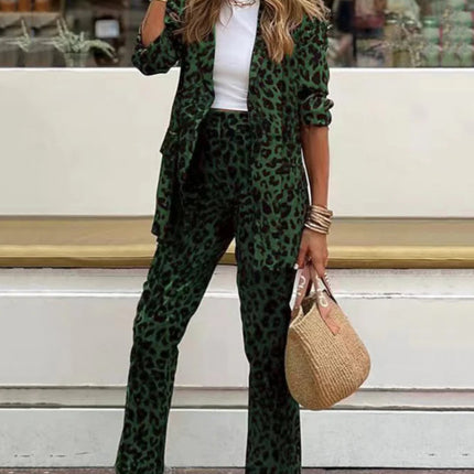 Full Size Leopard Lapel Collar Long Sleeve Blazer and Pants Set