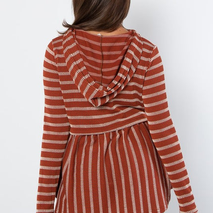 Be Stage Full Size Drawstring Striped Babydoll Hoodie