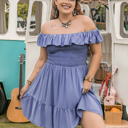 Plus Size Ruffled Smocked Off-Shoulder Mini Dress
