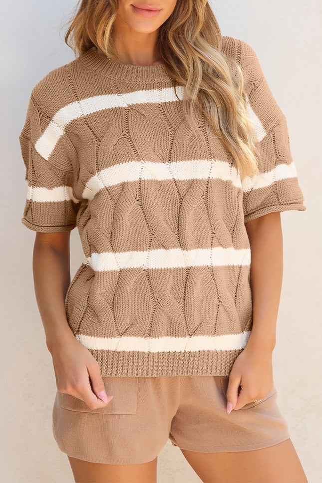 Striped Round Neck Short Sleeve Sweater