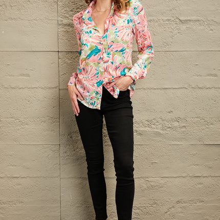 Double Take Floral Long Sleeve Collared Shirt