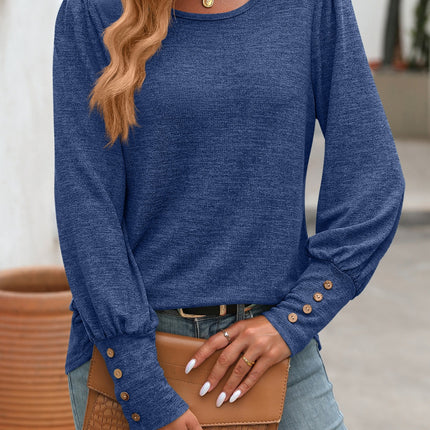 Decorative Button Round Neck Long Sleeve T-Shirt