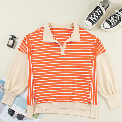 Striped Johnny Collar Long Sleeve Sweatshirt - Vickie Lynn's