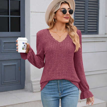 Lace Detail V-Neck Long Sleeve T-Shirt