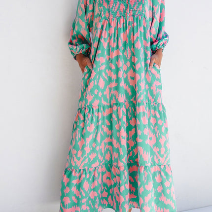 Smocked Printed Tie Neck Long Sleeve Dress