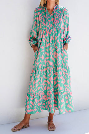 Smocked Printed Tie Neck Long Sleeve Dress