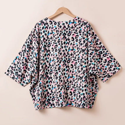 Plus Size Leopard V-Neck Three-Quarter Sleeve Blouse