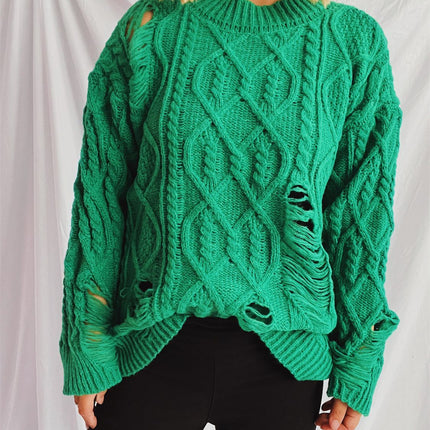 Distressed Cable-Knit Round Neck Long Sleeve Sweater