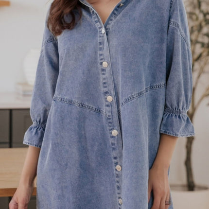 Distressed Collared Neck Flounce Sleeve Denim Dress