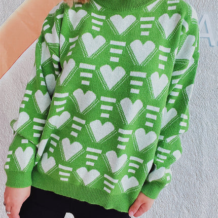 Heart Contrast Long Sleeve Dropped Shoulder Sweater