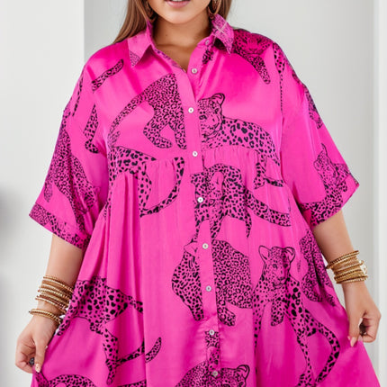 Plus Size Tiger Printed Button Up Half Sleeve Dress