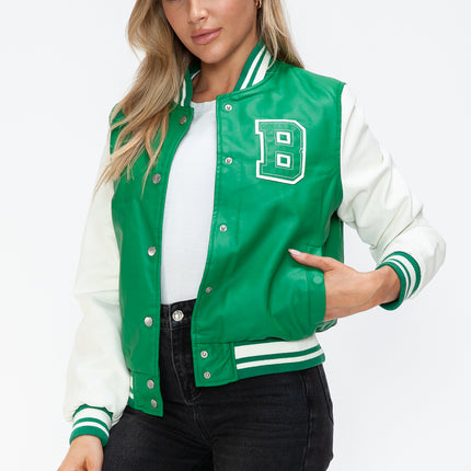Love Me Now PU Leather Contrast Snap Down Bomber Jacket - Vickie Lynn's