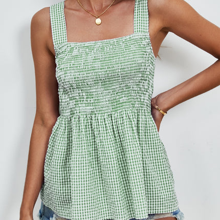 Smocked Plaid Square Neck Tank