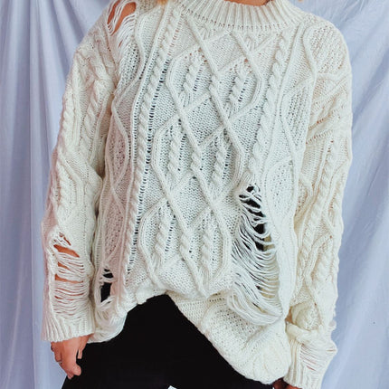 Distressed Cable-Knit Round Neck Long Sleeve Sweater