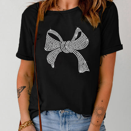 Rhinestone Bow Graphic Round Neck Short Sleeve T-Shirt