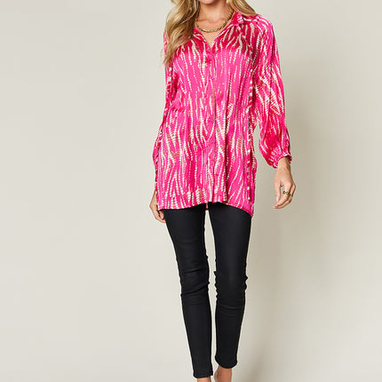 Double Take Full Size Printed Button Up Long Sleeve Shirt - Vickie Lynn's