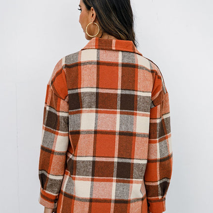 Shiny Plaid Button Up Collared Neck Jacket