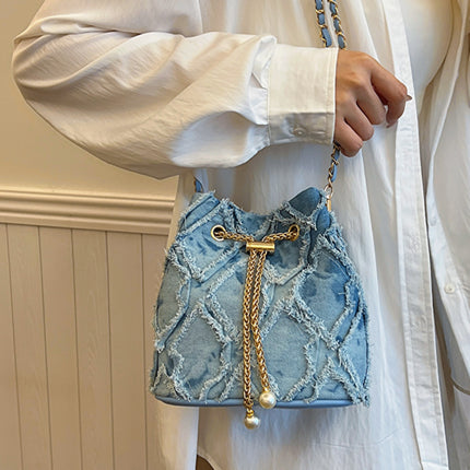 Chain Drawstring Raw Edge Denim Bucket Bag