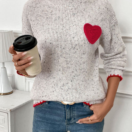 Perfee Contrast Heart Round Neck Long Sleeve Sweater