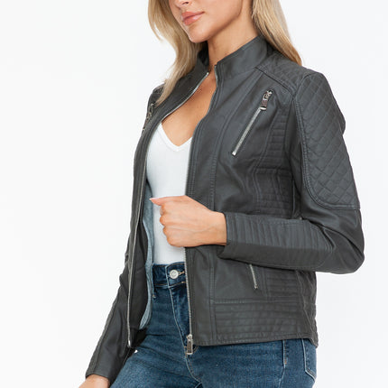 Snobbish Faux Leather Zip Up Mock Neck Jacket