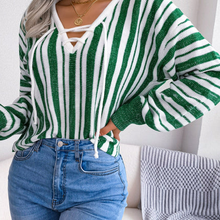 Striped Lace-Up Long Sleeve Sweater