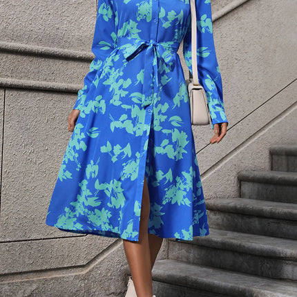 Printed Button Up Tie Waist Dress