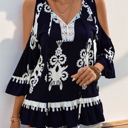 Tassel Printed Tie Neck Cold Shoulder Blouse