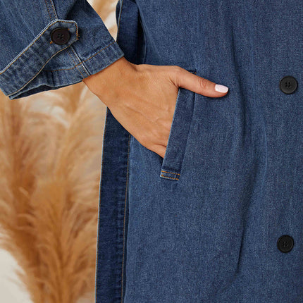 Double-Breasted Belted Longline Denim Jacket