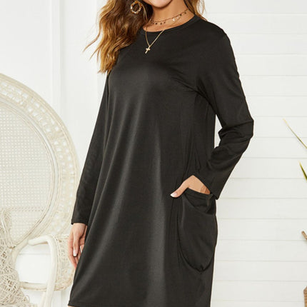 Pocketed Round Neck Long Sleeve Dress