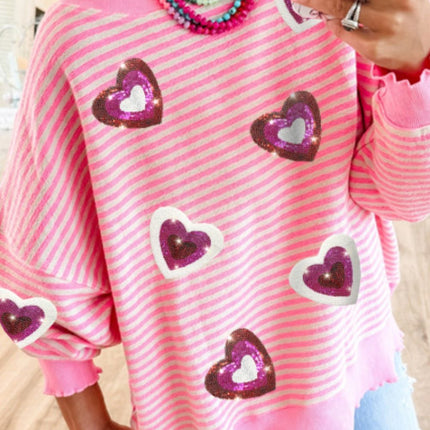 Valentine’s Day Sequin Heart Striped Round Neck Long Sleeve Sweatshirt