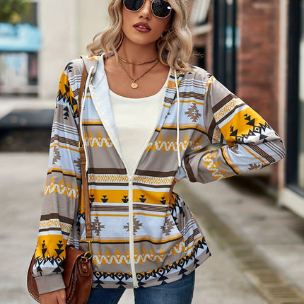 Geometric Zip Up Long Sleeve Hooded Jacket