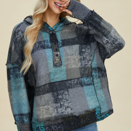 Double Take Full Size Plaid Dropped Shoulder Fleece Hoodie