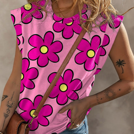 Flower Printed Round Neck Cap Sleeve Blouse