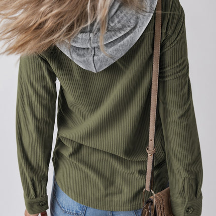 Drawstring Button Up Long Sleeve Hooded Jacket - Vickie Lynn's